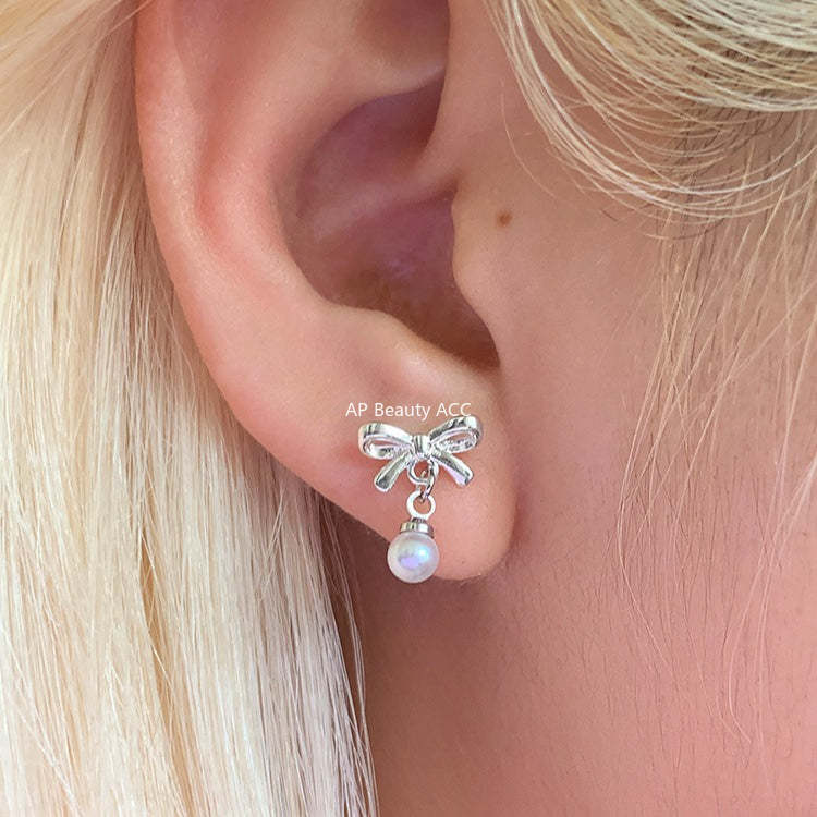 C廠-簡約小巧蝴蝶結耳釘女設計感高級百搭銀針耳環甜美小香風珍珠耳飾「EH-4319」25.12-3