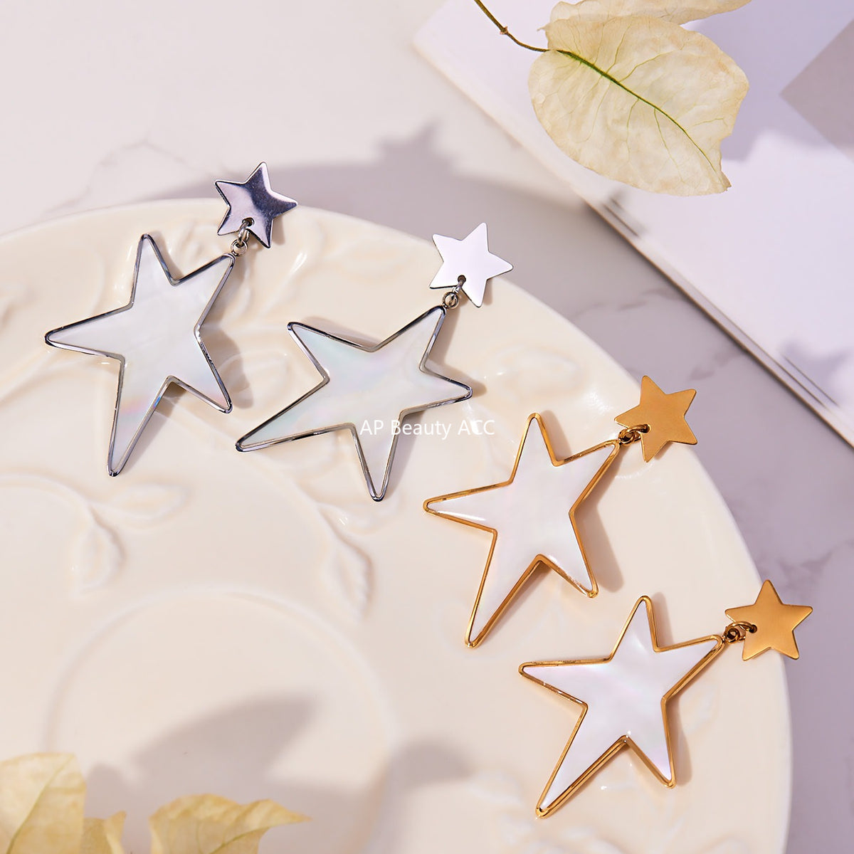 B廠-新款天然貝母滴油大五角星戒指耳環套裝不鏽鋼鍍18k金耳飾「TXF460」25.11-1