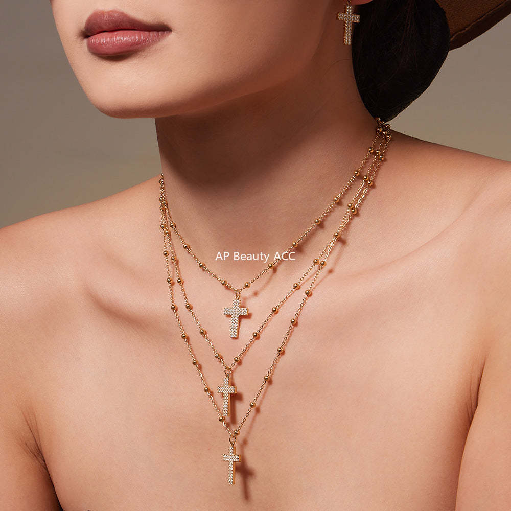 B廠-不鏽鋼超閃5A鋯石十字架戒指耳環項鍊手鍊首飾套裝鍍18k金不掉色「TXP503」25.11-4