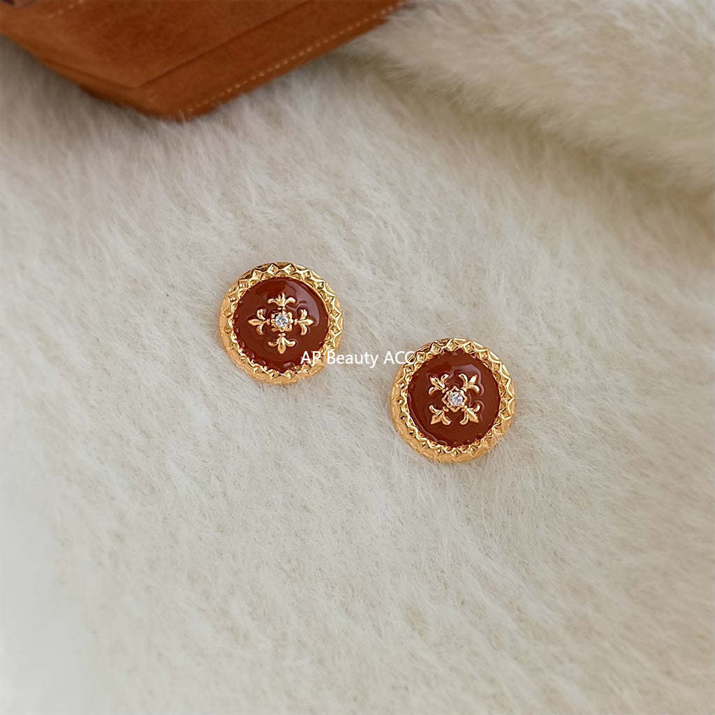 A廠-原創~鳶尾花系！ 925銀針琺瑯滴釉圓形幾何紐扣新款耳釘「7037」25.11-1