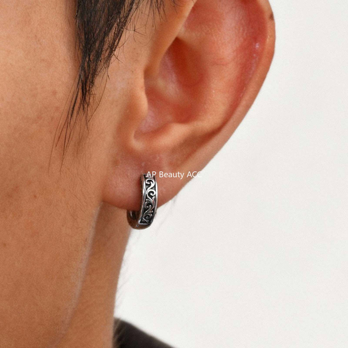 G廠-不鏽鋼花紋耳圈鋼色草紋花紋耳環男女街頭時尚嘻哈潮人耳飾「EH-839」25.12-1