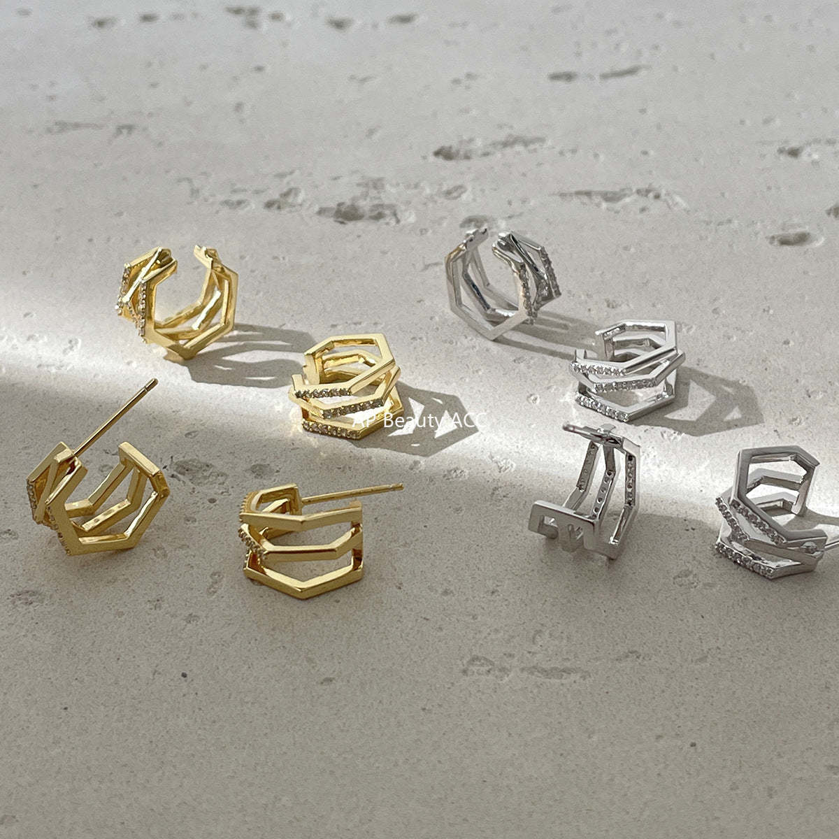 C廠-網紅個性疊戴風多層鋯石銀針耳耳釘女韓系時尚清冷ins無耳洞耳夾「EH-4292」25.12-3