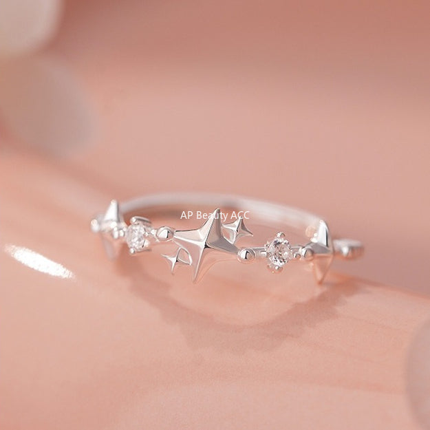 D廠-S999足銀四芒星鋯石戒指夢幻簡約小眾ins風溫柔高級設計手飾「YC3405R_1」25.11-2