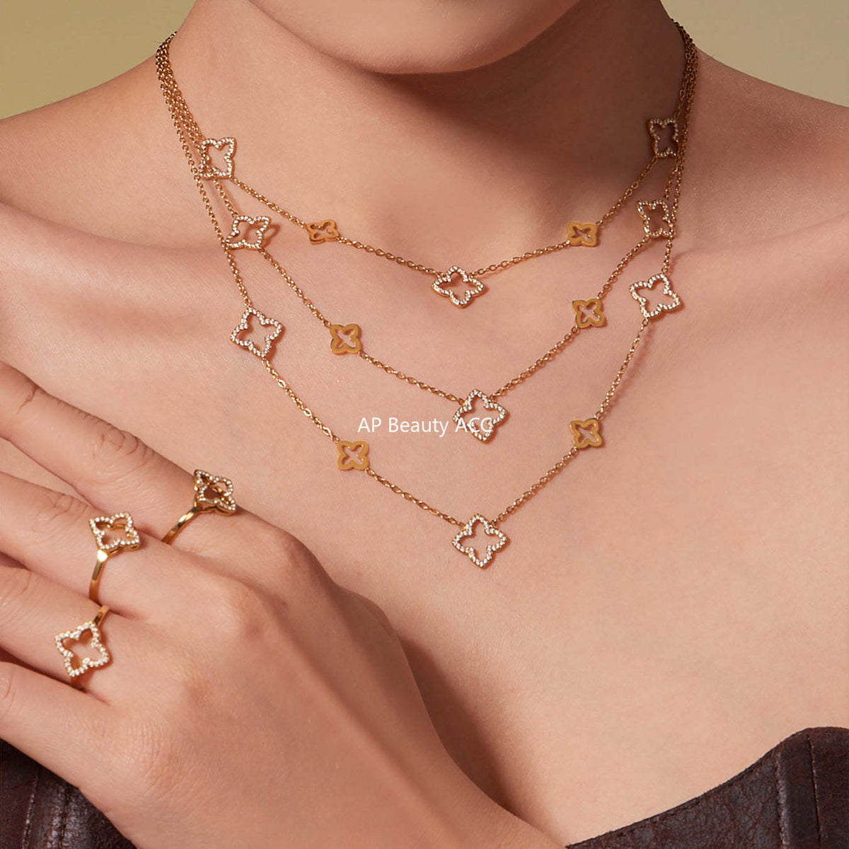 B廠-不鏽鋼鏤空花朵滿鑽鋯石耳環戒指項鍊簡約輕奢首飾套裝鍍18k真金「TXP505」25.12-1