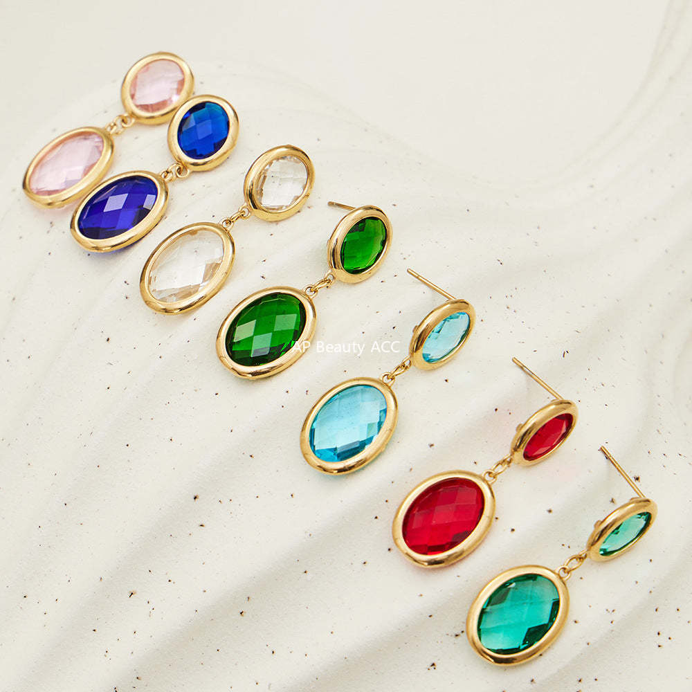 B廠-不鏽鋼幾何橢圓吊墜切面玻璃石耳環ins小眾設計百搭耳飾鍍18k真金「F957」25.12-1