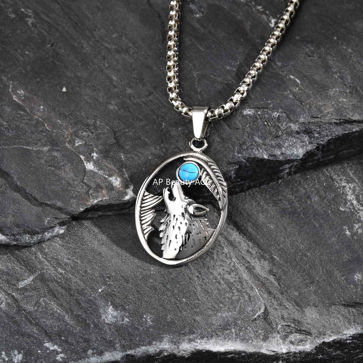 G廠-不鏽鋼狼頭綠松石吊墜歐美狼頭復古個性嘻哈吊墜時尚項鍊「PN-2231」25.11-1