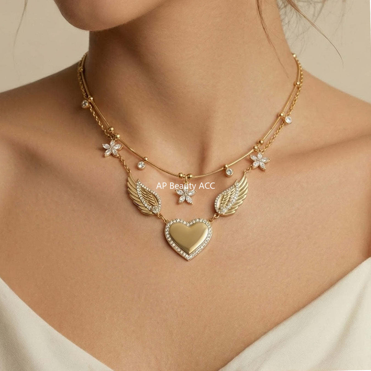 B廠-不鏽鋼5A鋯石愛心翅膀吊墜項鍊羽翼開口戒指套裝鍍18k真金不掉色「TXP523」25.12-3