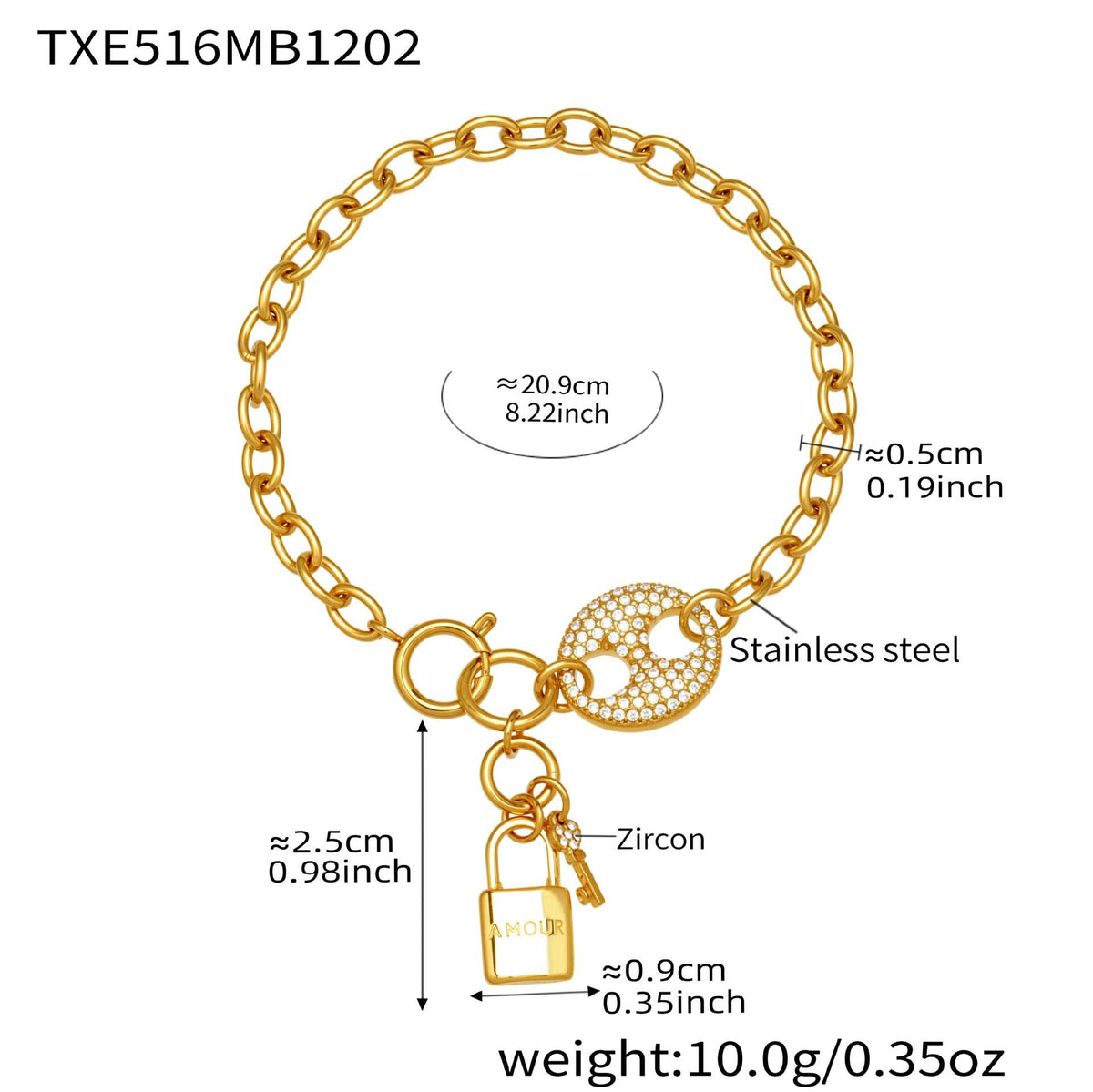 B廠-不鏽鋼滿鑽鋯石豬鼻子鎖頭流蘇吊墜珠寶扣項鍊手鍊套裝鍍18k真金「TXP516」25.12-2