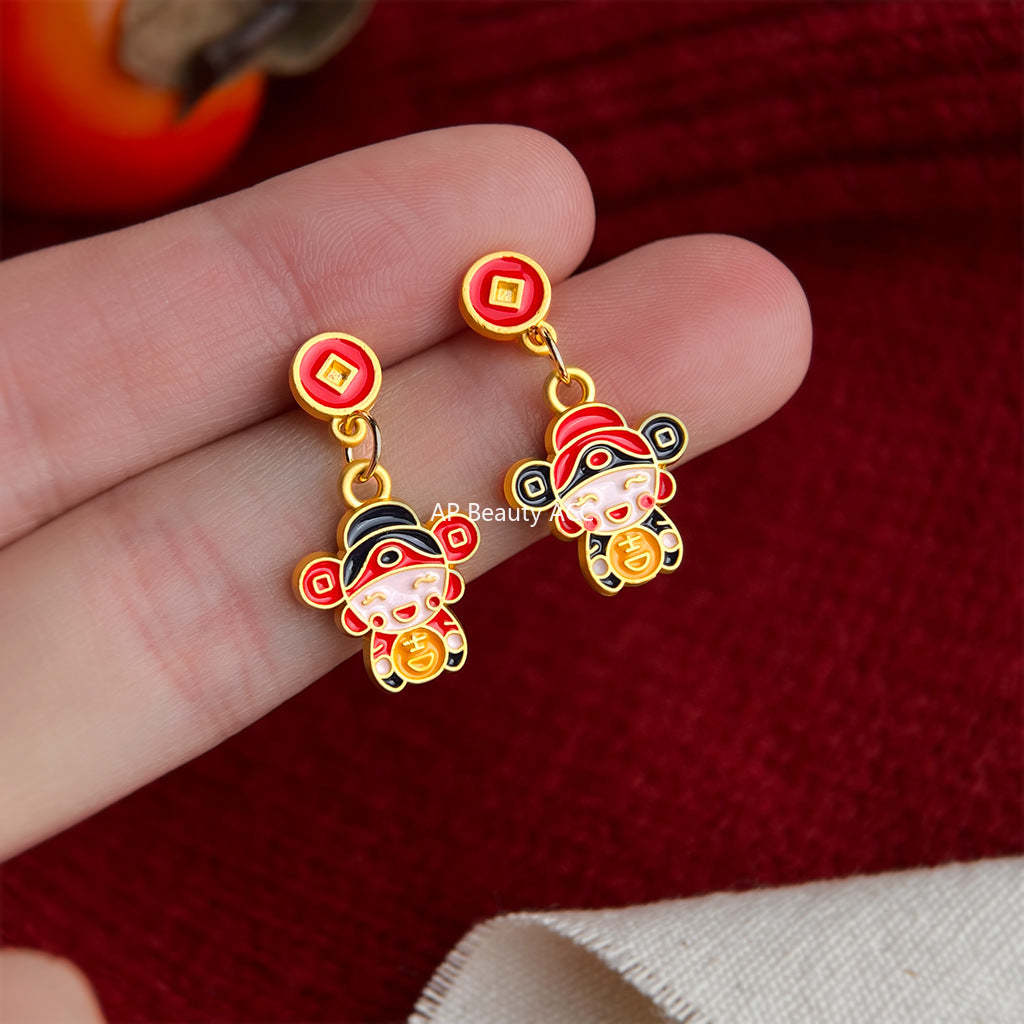 A廠-新年款手工彩繪琺瑯滴釉不對稱財神爺新款耳飾新中式民族風耳環「7231」25.12-2