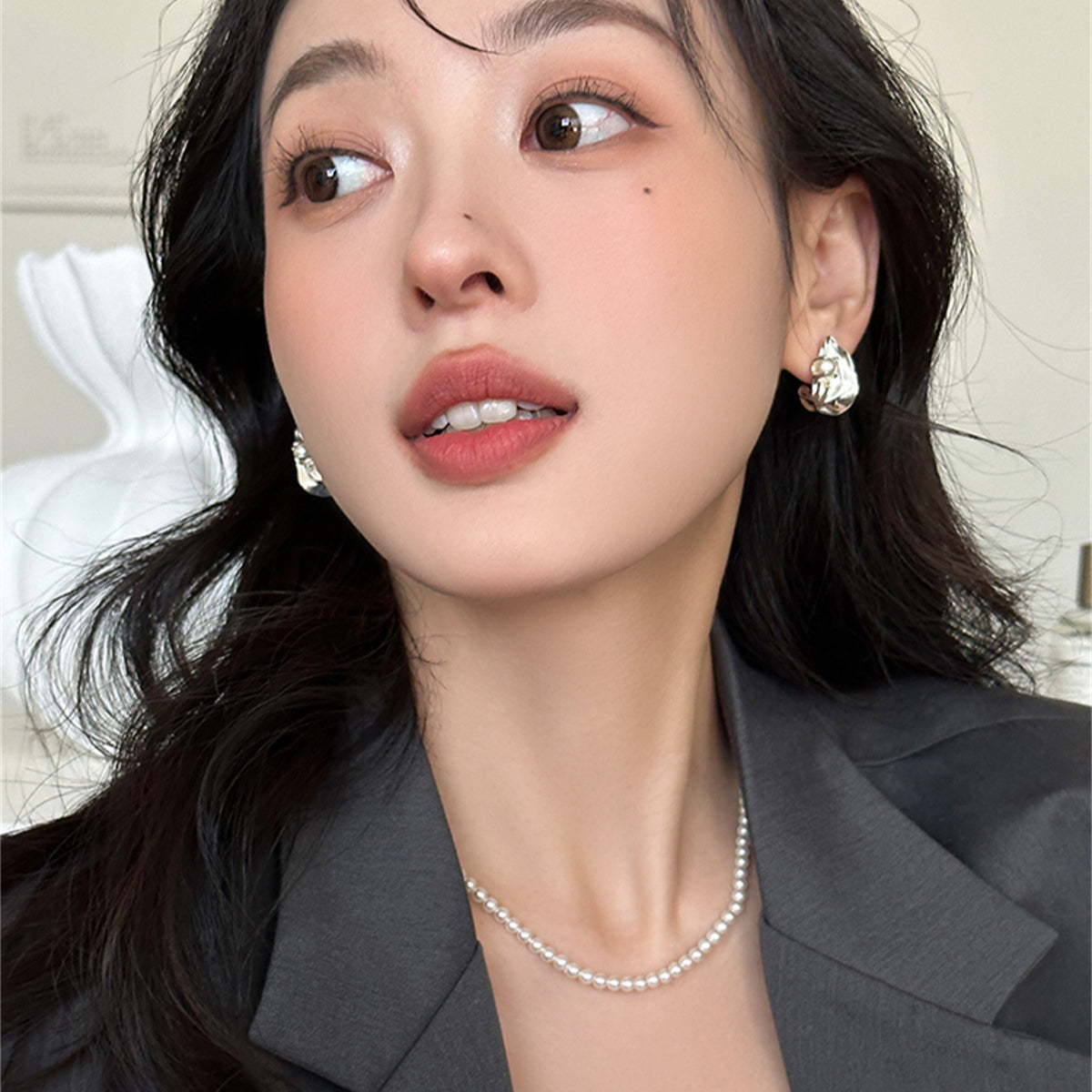C廠-925銀針珍珠耳釘女精緻小眾冷淡風不規則金屬感耳環高級感新耳飾「EH-3589」25.05-5