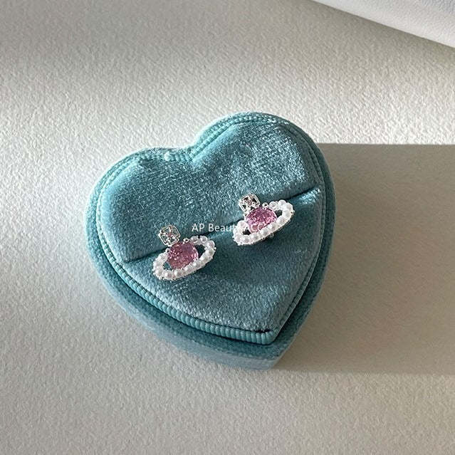 C廠-輕奢小香風粉鋯石星球耳釘女小眾甜美珍珠耳環時尚通勤百搭耳飾「EH-4313」25.12-3