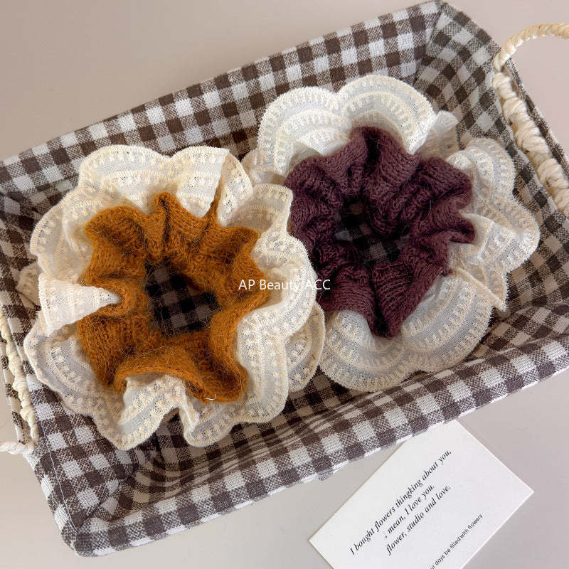 E廠-韓系慵懶風毛線針織蕾絲花邊雙層大腸髮圈女扎頭髮丸子頭髮繩頭繩「27716」25.11-4