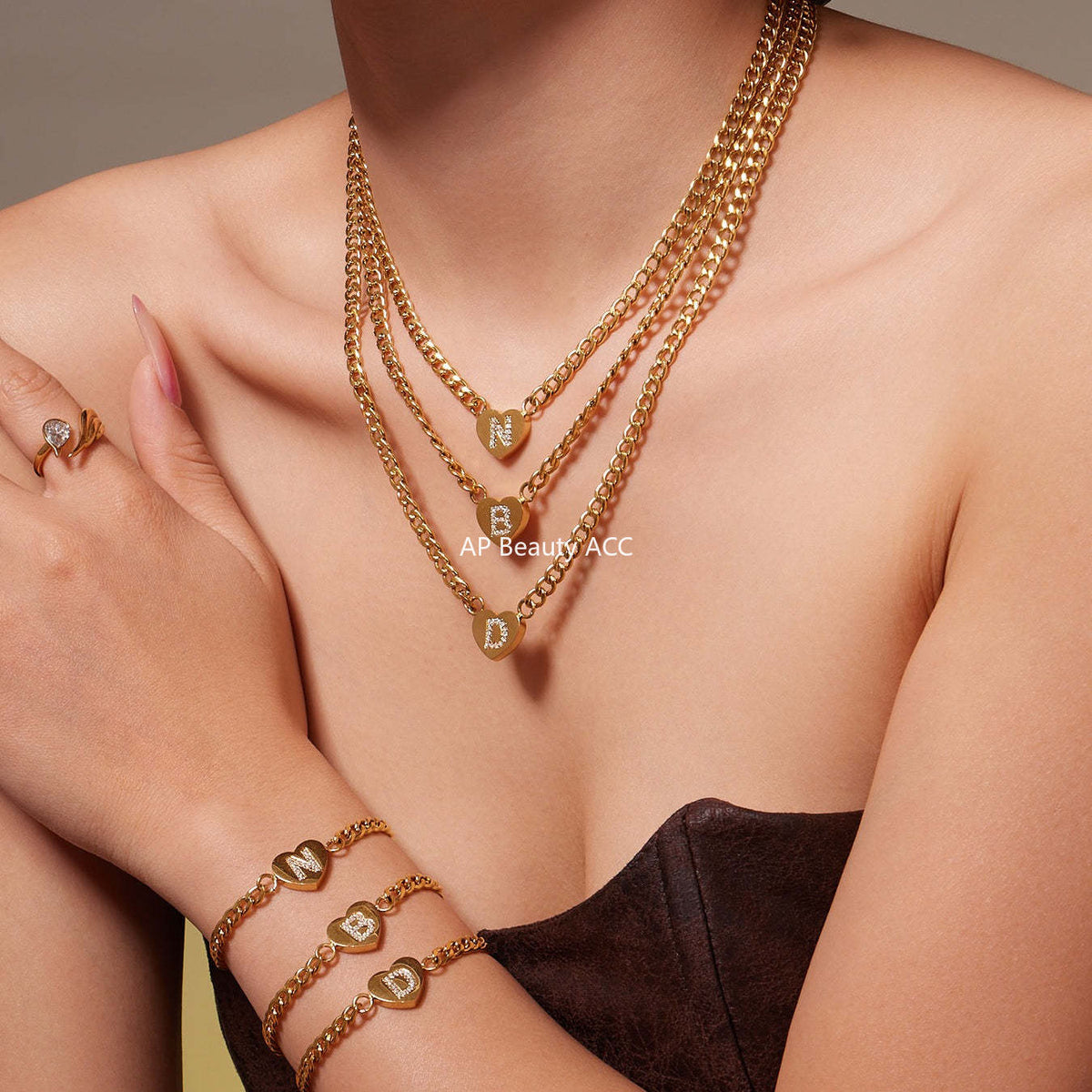 B廠-不鏽鋼愛心字母鑲嵌鋯石吊墜項鍊手鍊套裝 歐美個性首飾鍍18k真金「RP021」25.12-1