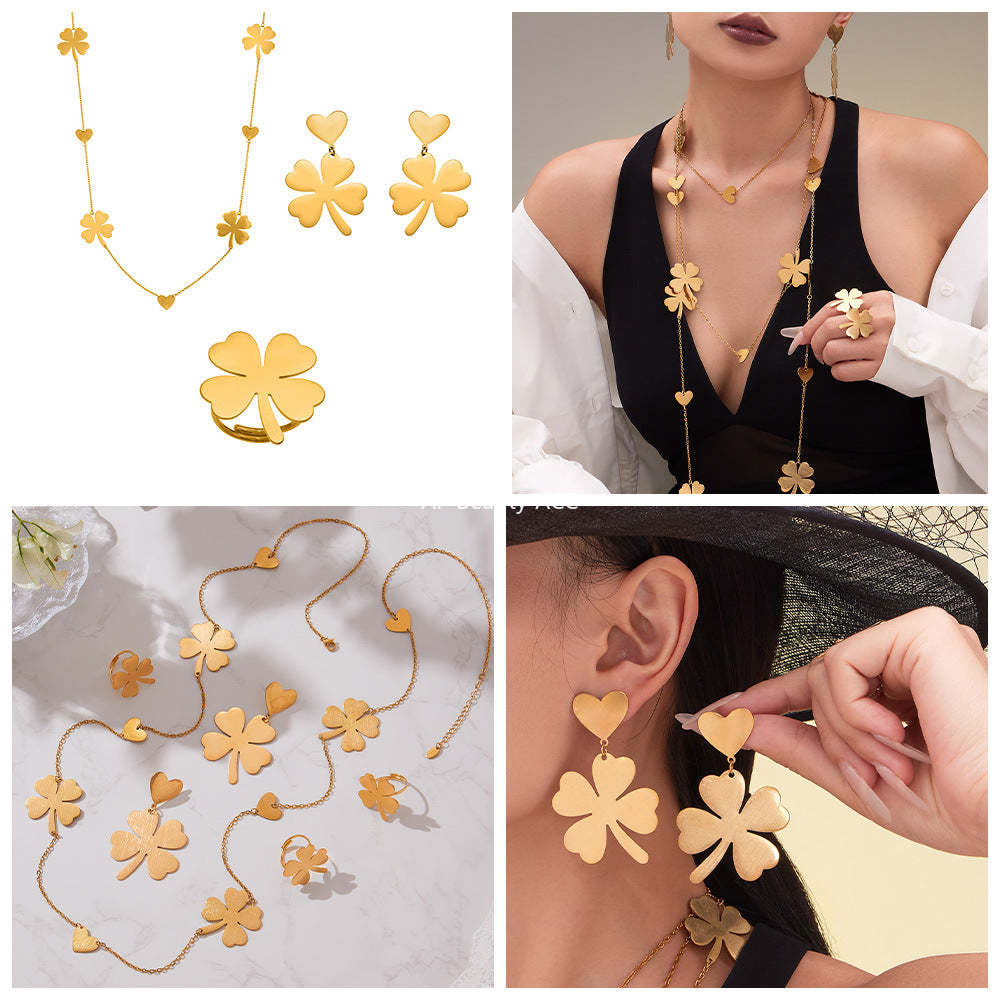 B廠-不鏽鋼愛心四葉草耳環戒指毛衣鏈飾品套裝鍍18k真金不掉色「TXP463」25.10-5