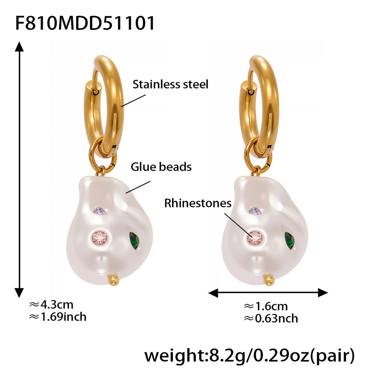 B廠-不鏽鋼異形巴洛克膠珠耳環鍍18k金彩色水鑽時尚輕奢耳飾女「F810」25.11-1