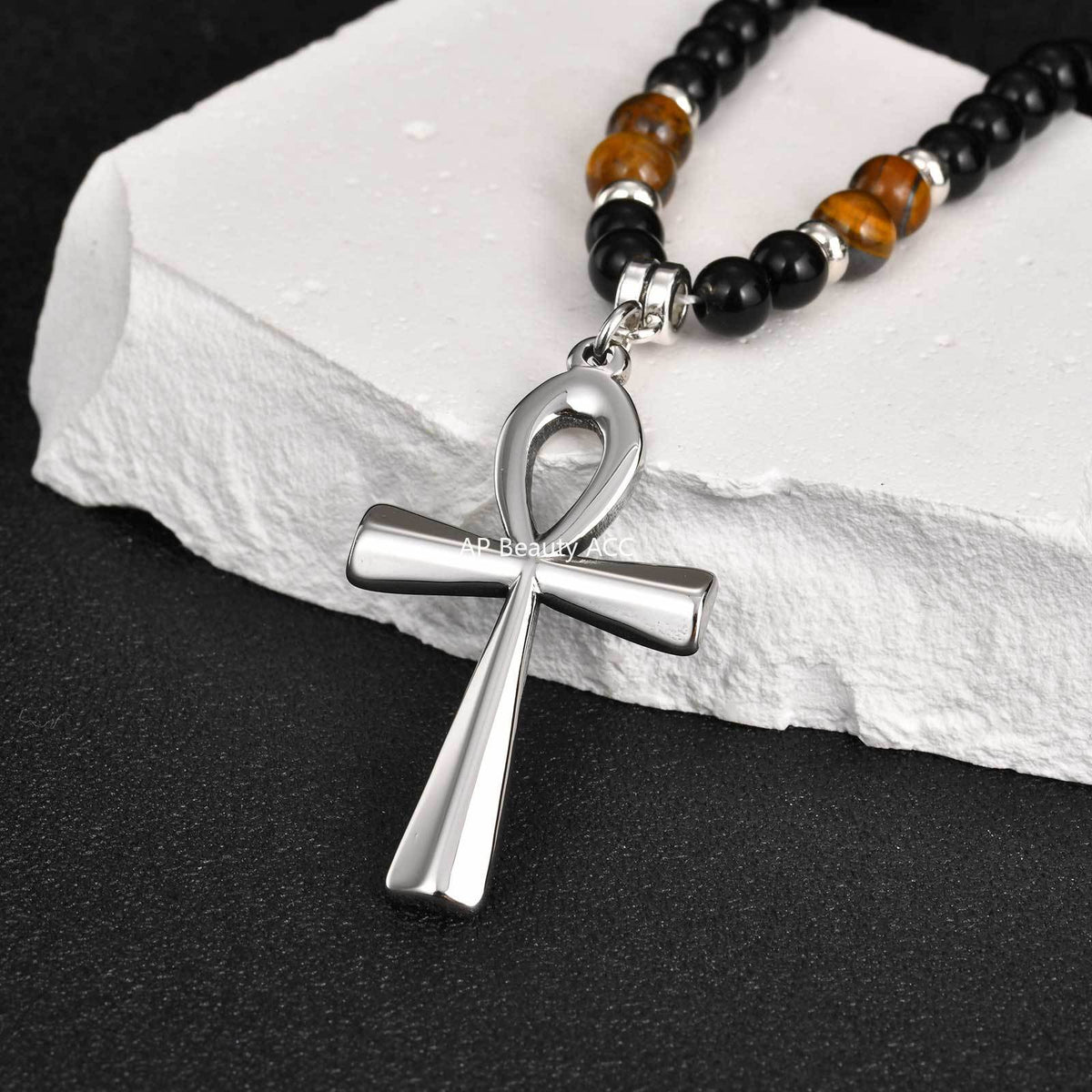 G廠-新款不鏽鋼安卡十字架黑色亞克力圓珠虎眼石串珠項鍊鋼色「NC-1700」25.12-2