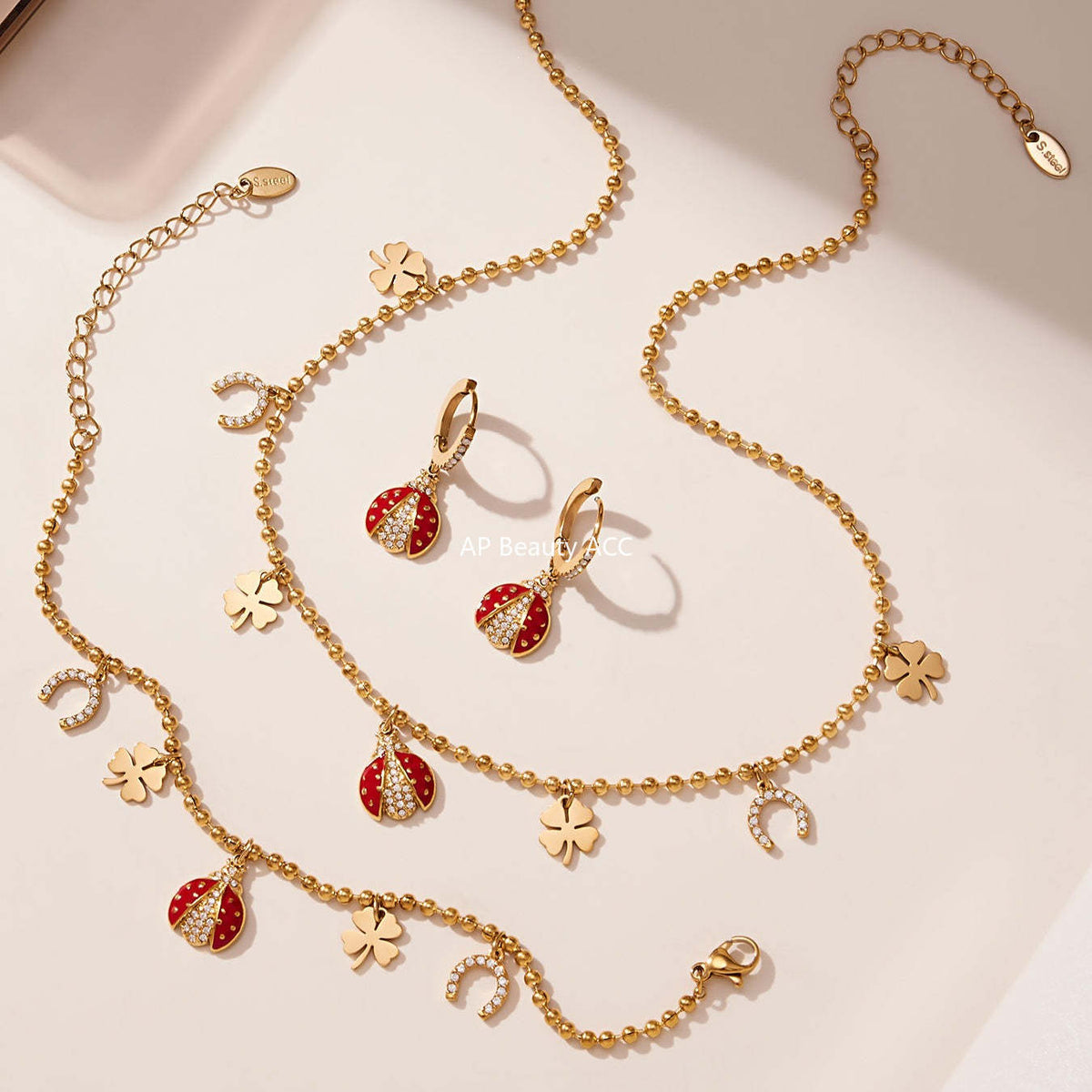 B廠-不鏽鋼5A鋯石滴油七星瓢蟲多配件吊墜項鍊手鍊耳環腳鏈套裝「TXP479」25.11-4