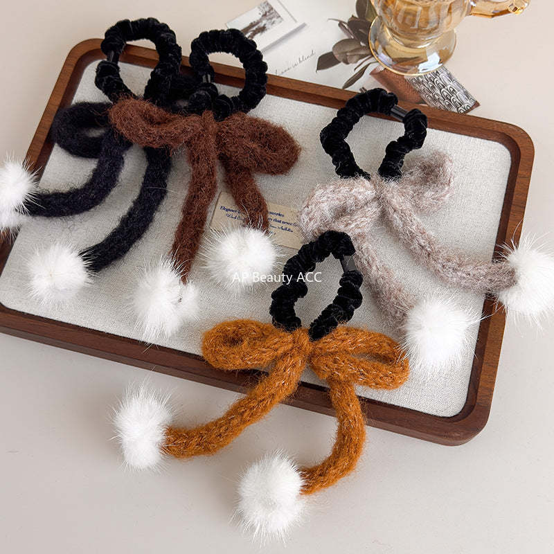 E廠-秋冬日系甜美毛線蝴蝶結髮圈少女白色毛球飾品可愛髮繩扎頭髮皮筋「26334」25.11-3