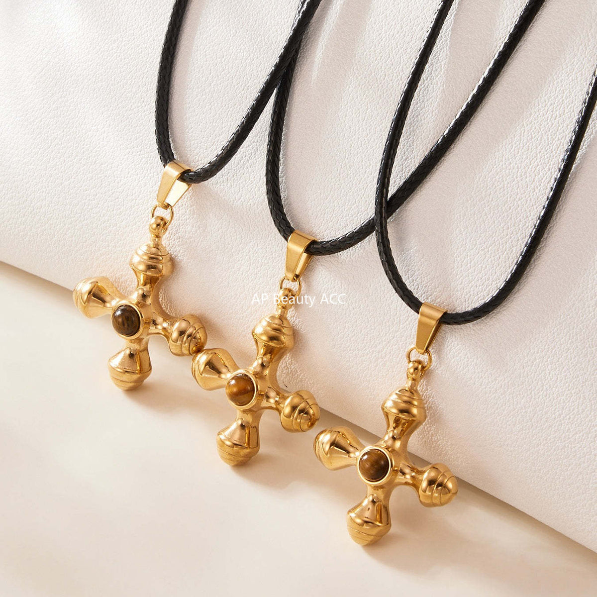 B廠-ins小眾設計虎眼石不鏽鋼十字架吊墜皮繩長款毛衣鏈鎖骨鏈「M082」25.11-3