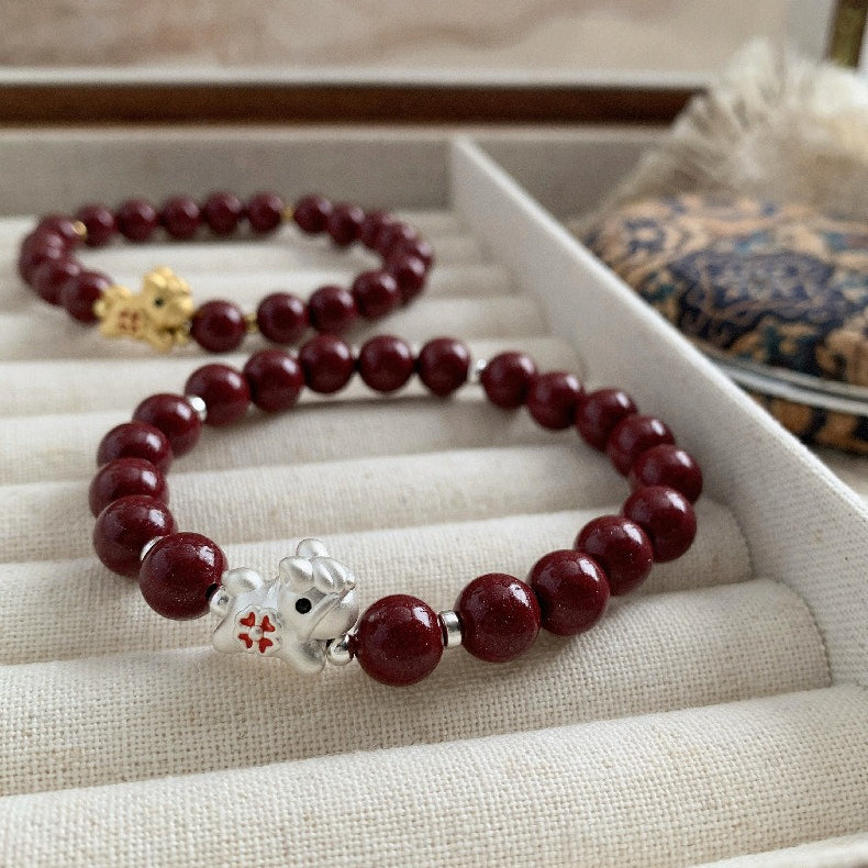 C廠-高含量天然朱砂手鍊女本命年屬馬生肖馬年琺瑯四葉草紫金砂手串「1638」25.12-3