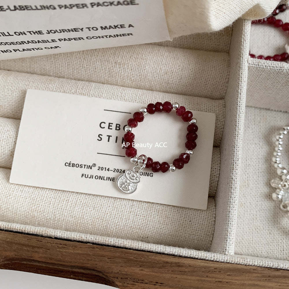 C廠-古風花朵葉子福袋小馬元寶蘋果紅瑪瑙彈力戒指S925純銀戒指女士「RB」25.11-4