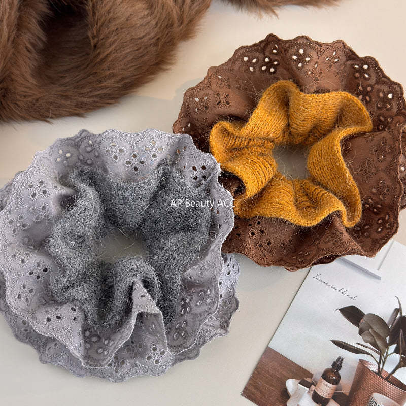 E廠-秋冬韓系毛線針織蕾絲大腸髮圈女超大丸子頭低馬尾頭繩慵懶風頭飾「27752」25.12-1