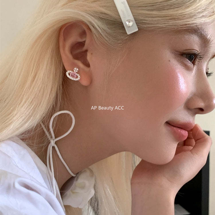 C廠-輕奢小香風粉鋯石星球耳釘女小眾甜美珍珠耳環時尚通勤百搭耳飾「EH-4313」25.12-3