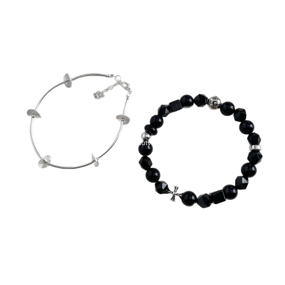 C廠-韓國東大門復古泰銀中性風S925銀十字架黑瑪瑙黑曜石手鍊通體銀「1512」25.11-3