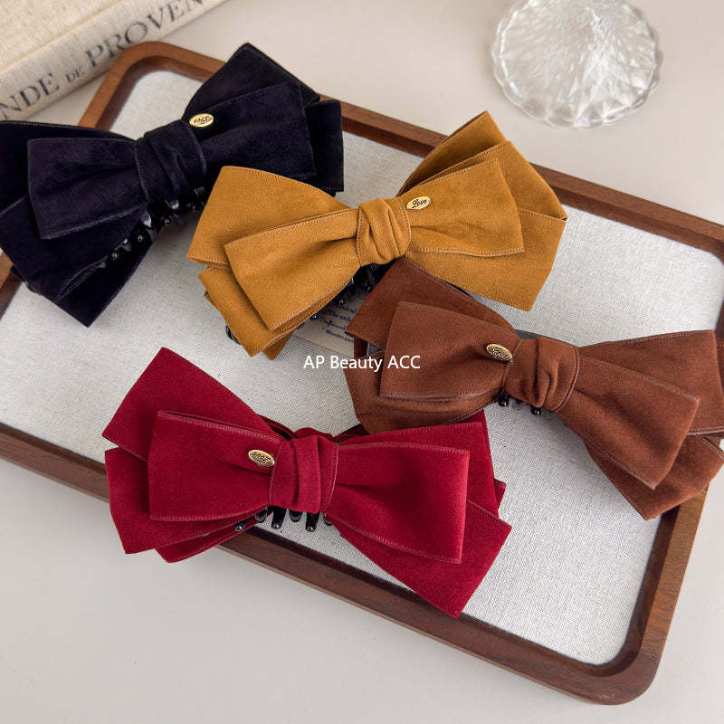 E廠-美拉德麂皮蝴蝶結金標香蕉夾蓬松顯髮量高馬尾抓夾優雅半扎髮夾子「27621」25.11-1