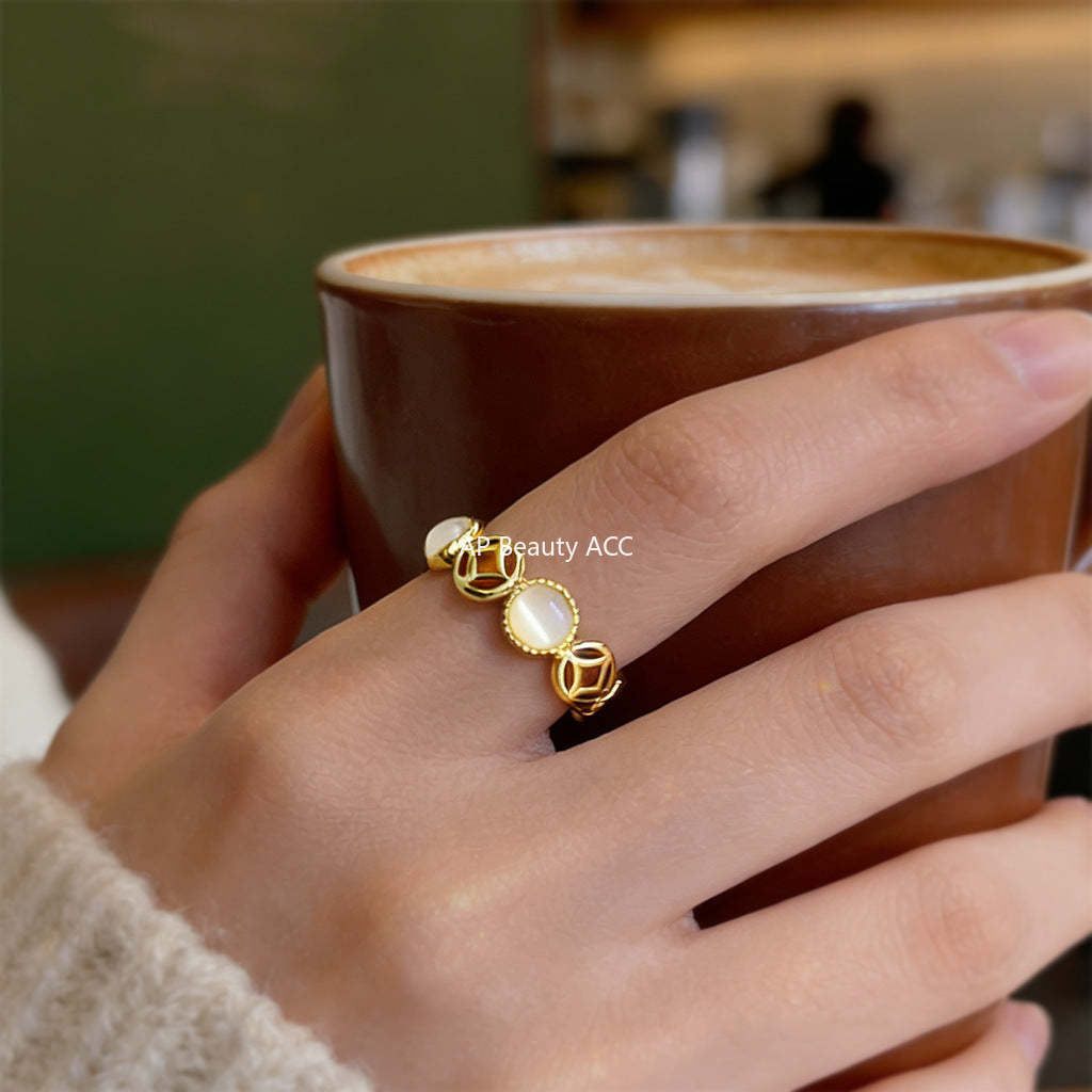 A廠-【八方來財】厚鍍真金保色玻璃貓眼石戒指開口可調節指環手飾「7241」25.12-3