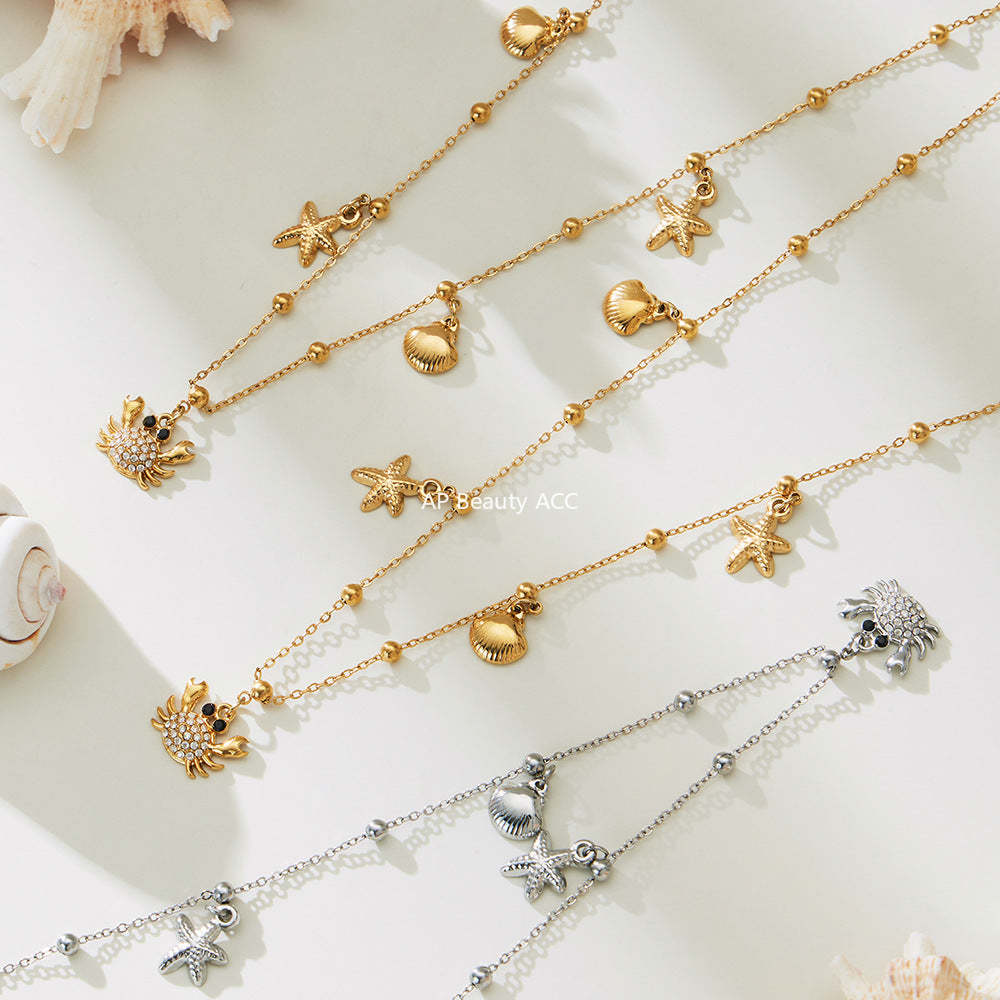 B廠-不鏽鋼DIY熱銷新款貝殼螃蟹5A鋯石帶鑽吊墜海洋沙灘風項鍊「P826」25.11-4