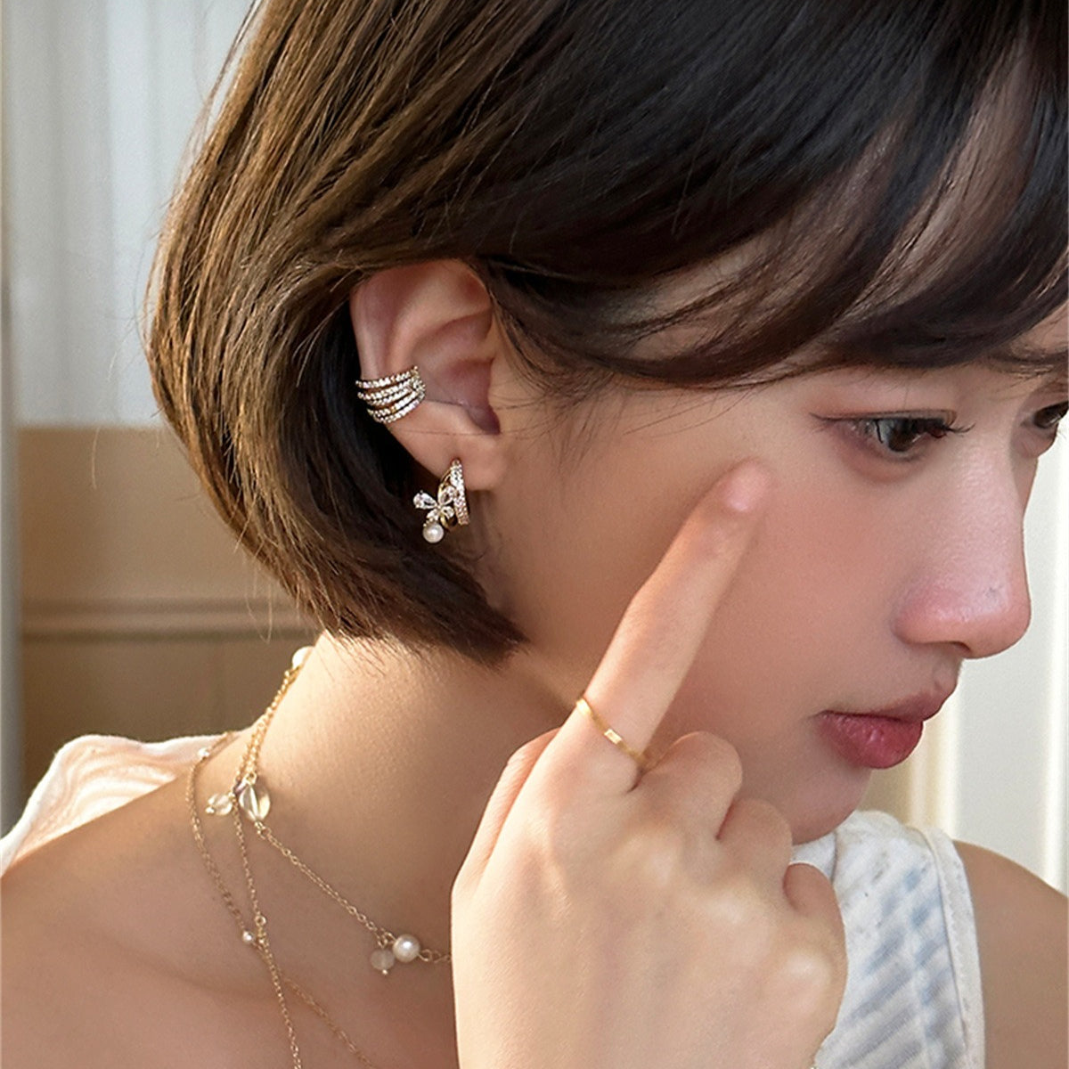 C廠-歐美ins風鋯石耳環女高級感疊戴風多層線條設計時尚耳環個性耳飾「EH-3973」25.10-1