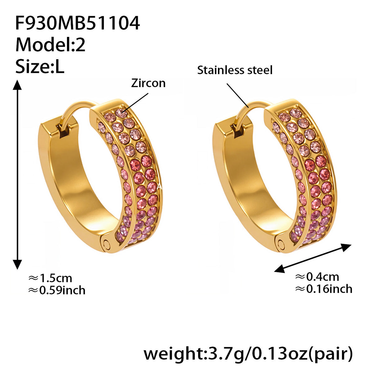 B廠-ins風高質量彩色5A鋯石圓圈卡扣耳環不鏽鋼鍍18k真金耳飾女「F930」25.11-2