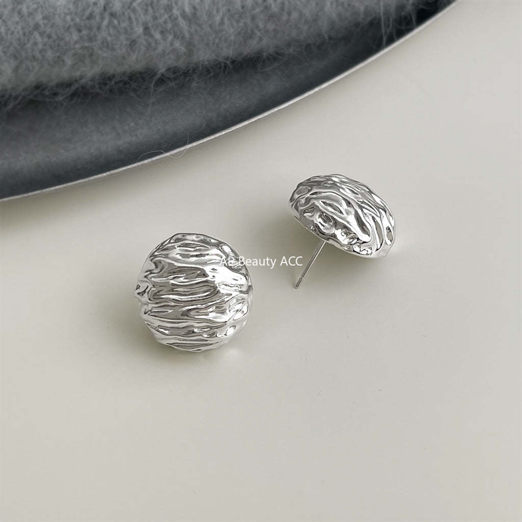 A廠-小眾設計感核桃紋路時尚高級感銀針圓形幾何重工感耳飾工廠耳環女「7141-7142」25.11-4