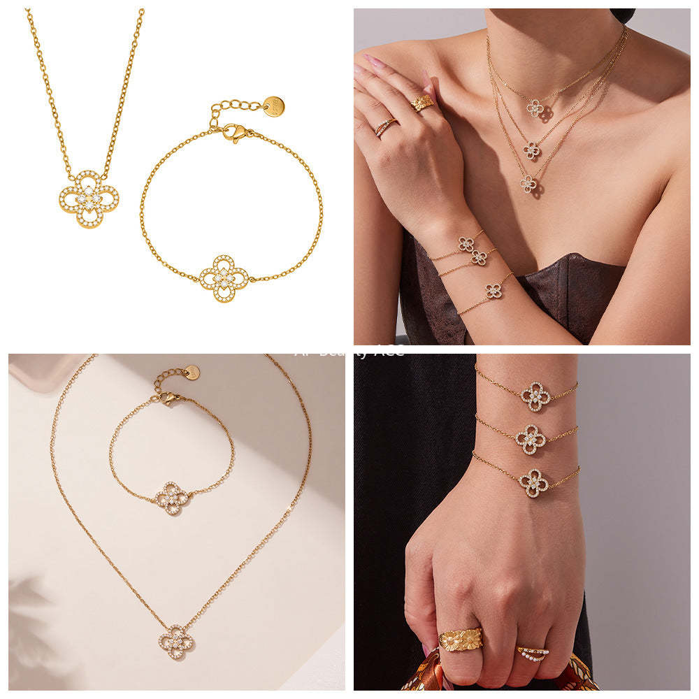 B廠-不鏽鋼四葉草鋯石項鍊手鍊 鍍18k金歐美時尚百搭個性首飾「TXP474-TXE474」25.11-3