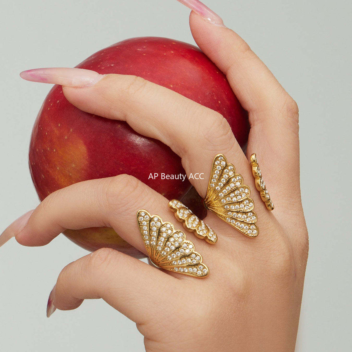 B廠-不鏽鋼百葉扇5A鋯石開口戒指鍍18k真金ins小眾設計指環輕奢手飾品「A386」25.12-3