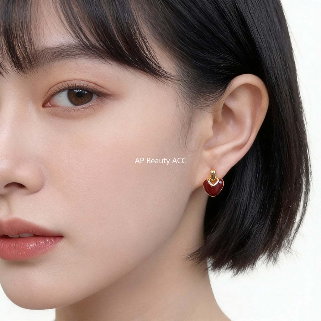 A廠-時尚高級感文藝復古925銀針琺瑯滴釉愛心耳飾港風耳釘 飾品「7256-7257」25.12-3