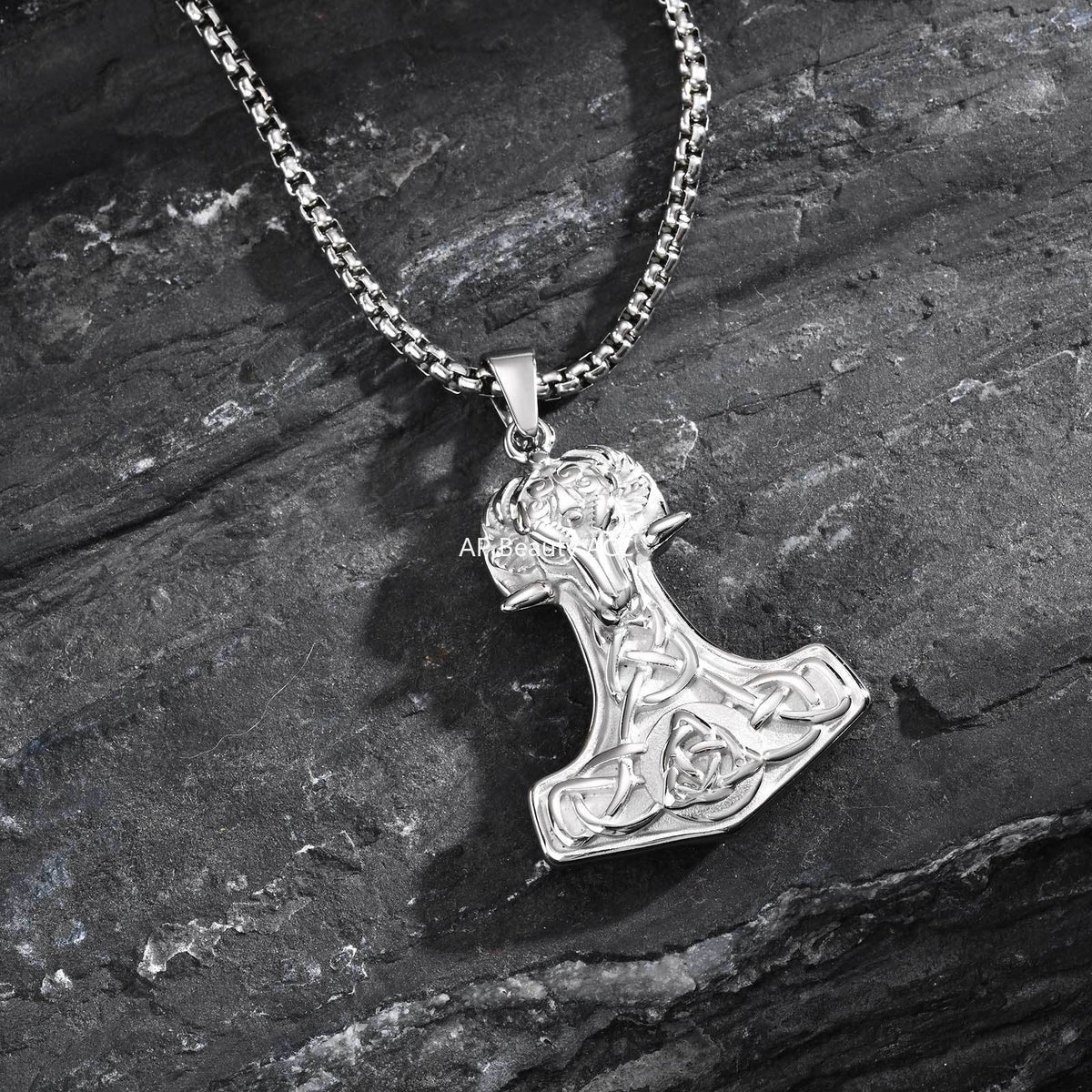 G廠-哥特風 不鏽鋼維京羊頭雷神錘吊墜項鍊 北歐男士復古飾品「PN-2218」25.11-1