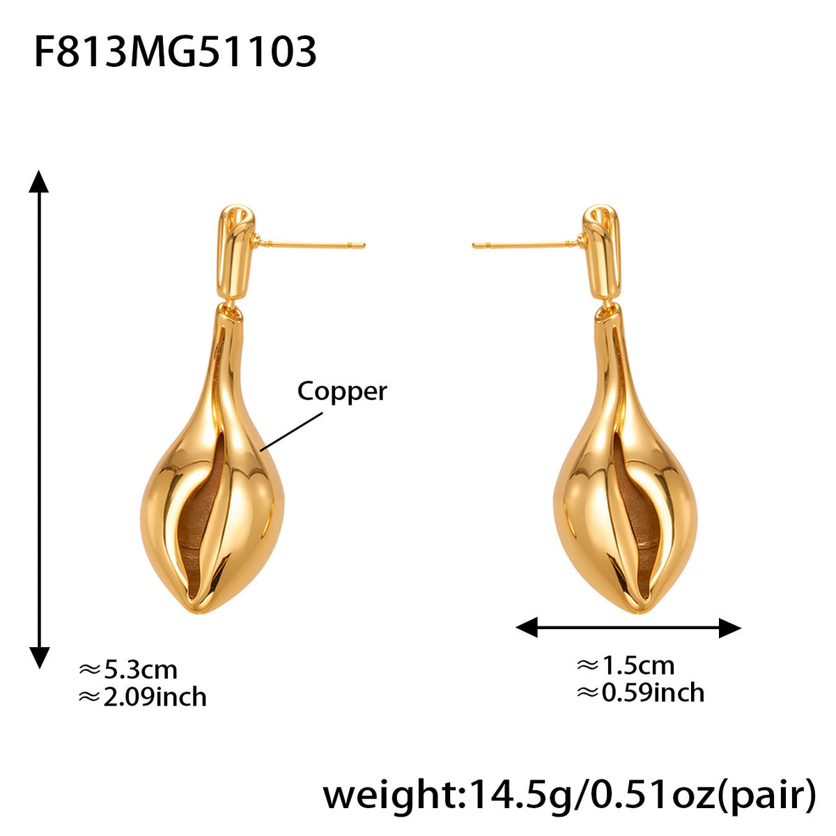 B廠-跨境小眾設計長款海螺形鏤空耳環銅材質鍍18k真金氣質配飾「F813」25.11-1