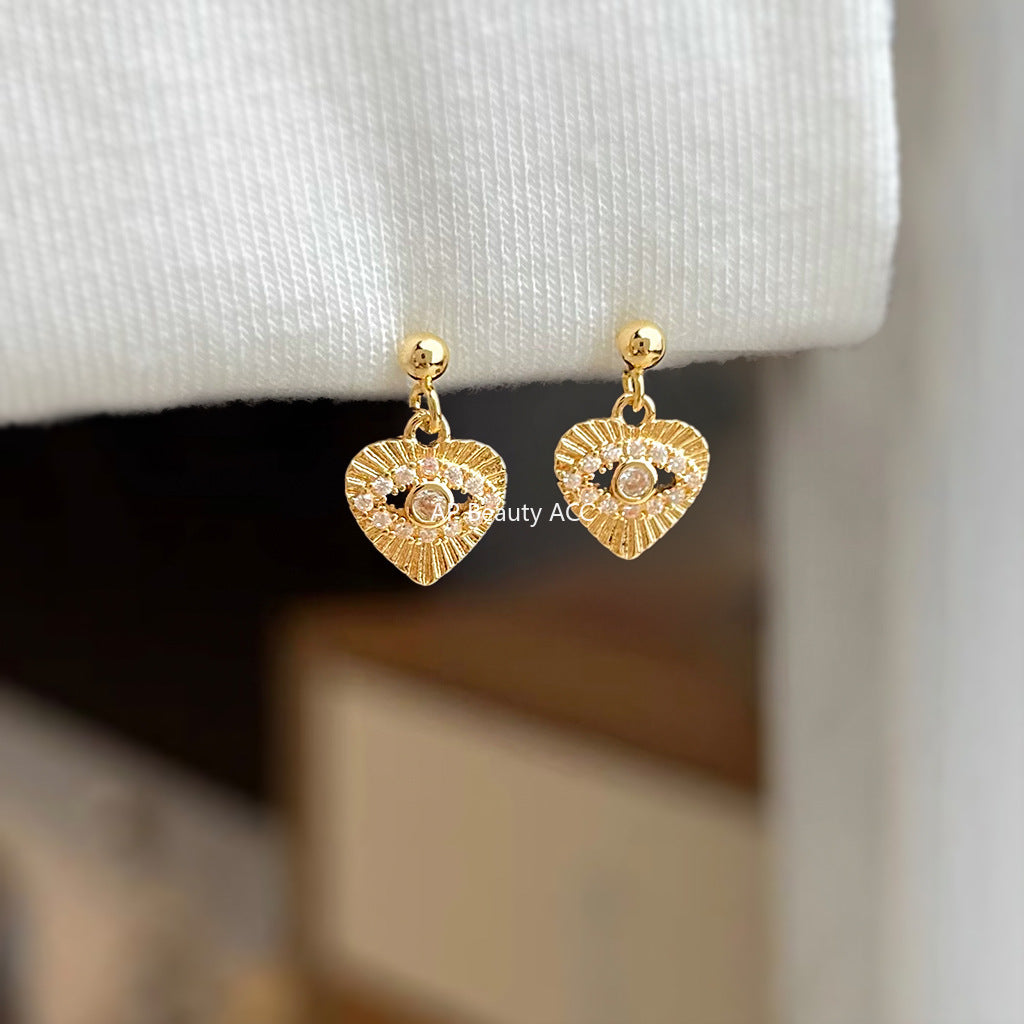 A廠-實物很小迷你簡約小巧微鑲鋯石眼睛愛心時尚通勤耳環工廠飾品「7082」25.11-2