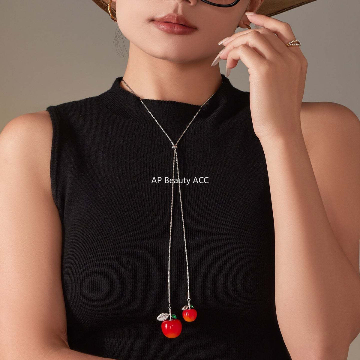 B廠-5A鋯石抽拉大小櫻桃吊墜毛衣項鍊不鏽鋼鍍18k真金珠寶首飾「P1366」25.11-3