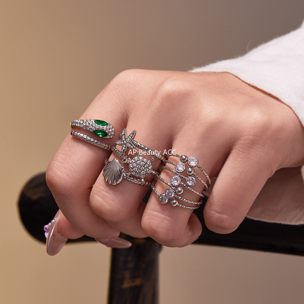 B廠-超閃5A鋯石蛇形開口戒指尾戒不鏽鋼鍍18k真金簡約時尚飾品「A659」25.11-1