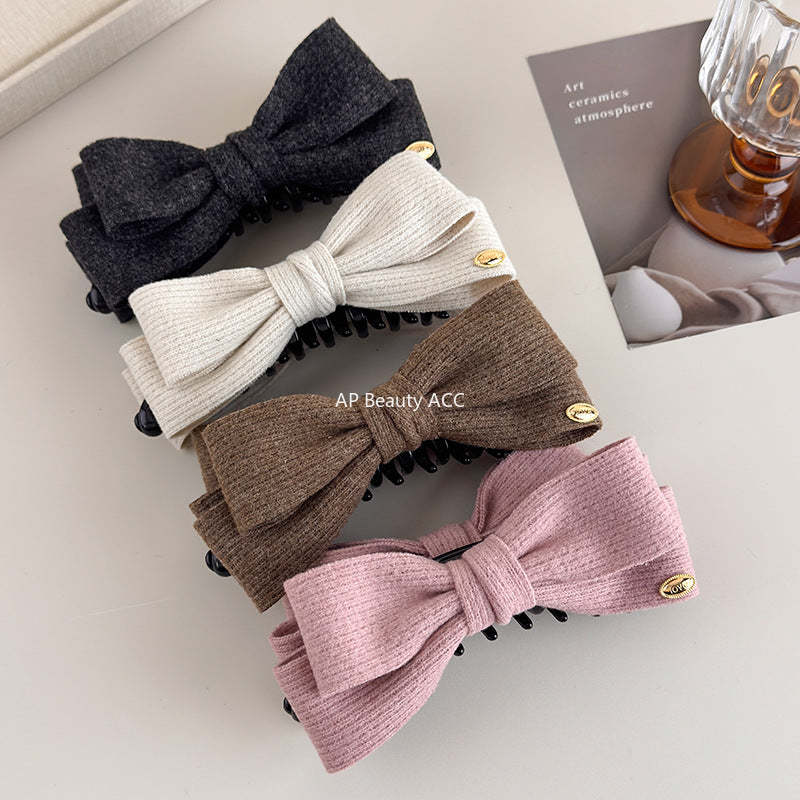 E廠-秋冬毛呢雙面蝴蝶結香蕉夾女後腦勺高馬尾髮夾氣質鯊魚夾頭飾髮卡「27708」25.11-3