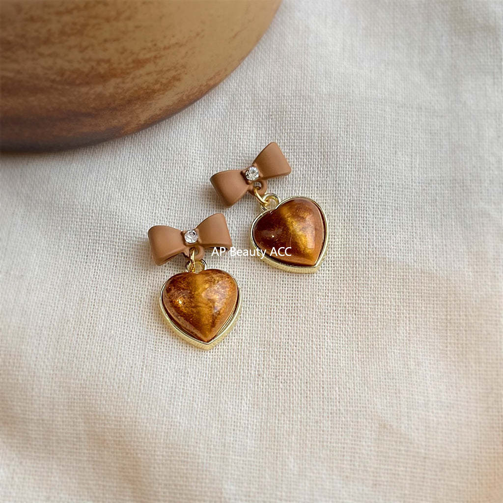 A廠-秋冬熱賣美拉德風咖色大地色蝴蝶結愛心銀針耳環新款耳飾批發「7018」25.11-1