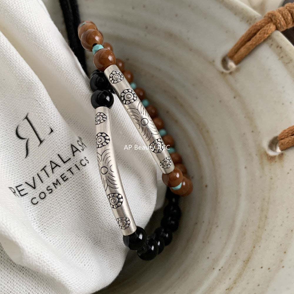 C廠-藏式古風花朵半鐲手鍊黑尖晶黑瑪瑙鋁鎂礦菩提彈力手串S925銀手鍊「1612」25.11-4