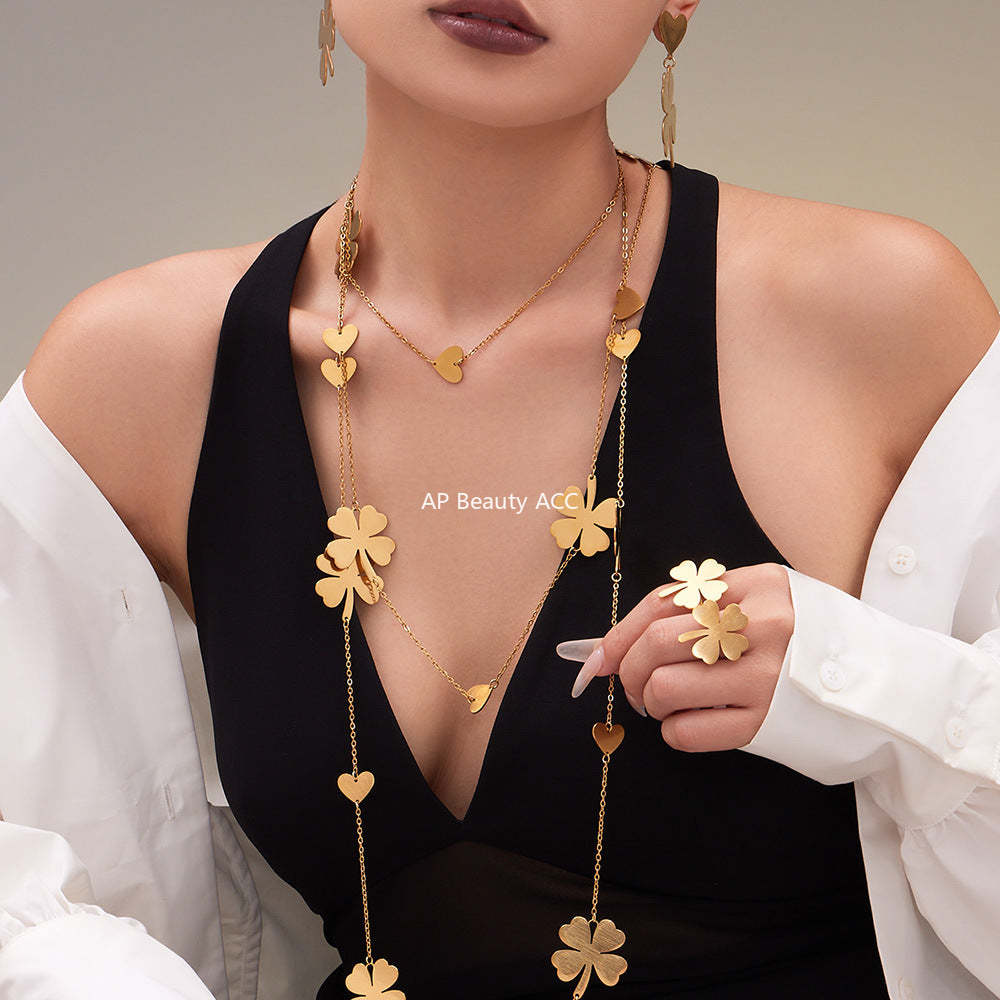 B廠-不鏽鋼愛心四葉草耳環戒指毛衣鏈飾品套裝鍍18k真金不掉色「TXP463」25.10-5