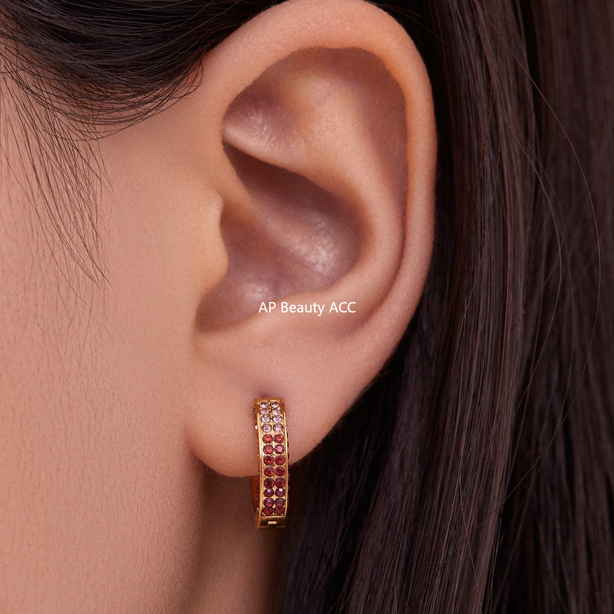 B廠-ins風高質量彩色5A鋯石圓圈卡扣耳環不鏽鋼鍍18k真金耳飾女「F930」25.11-2