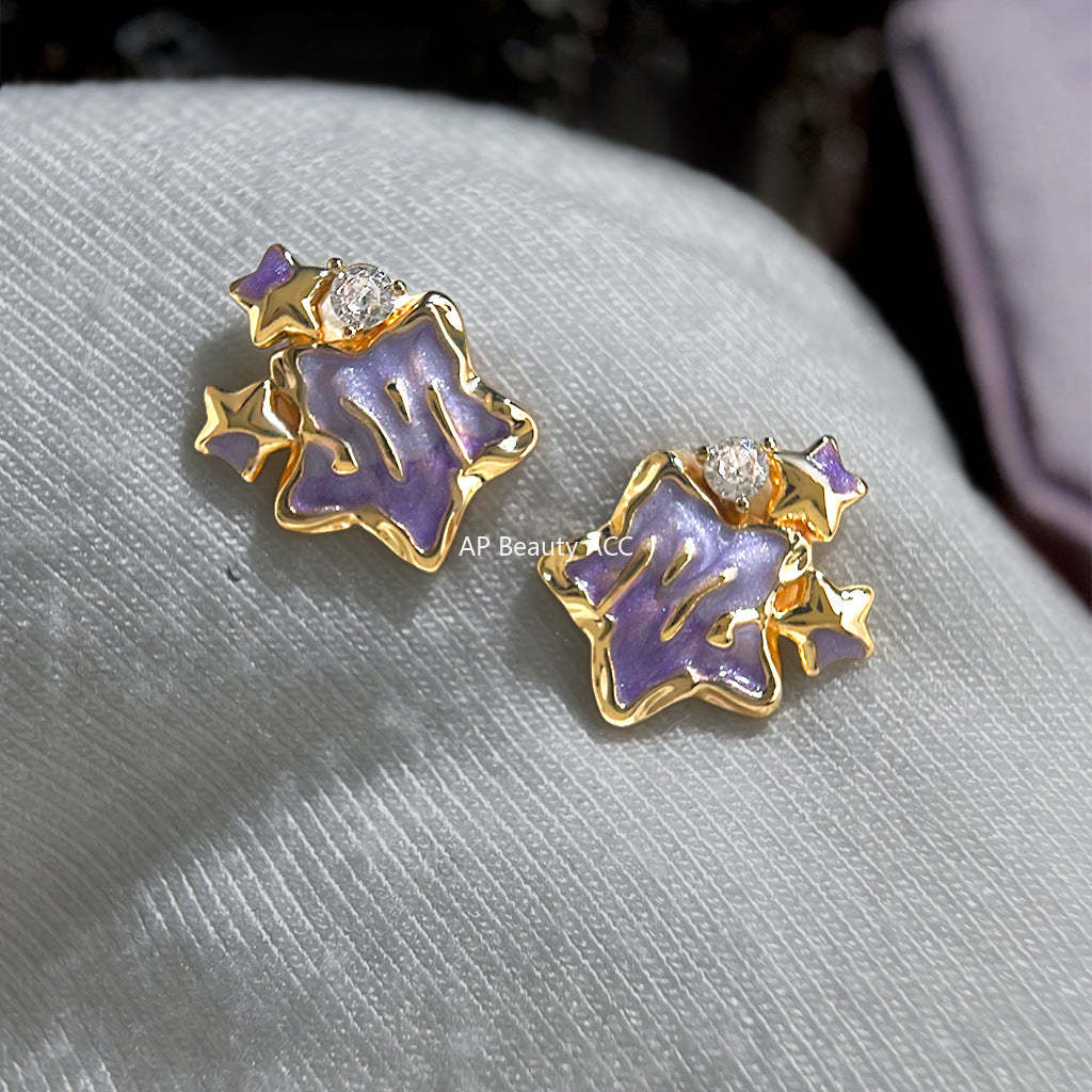 A廠-原創琺瑯彩繪滴釉漸變色 925銀針鑲嵌鋯石紫色星星耳環個性耳飾女「7200」25.12-1