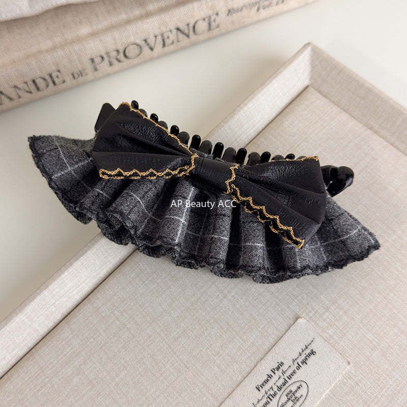 E廠-復古格紋學院風可露麗香蕉夾後腦勺蝴蝶結髮夾髮卡竪式高馬尾髮飾「27719」25.11-4