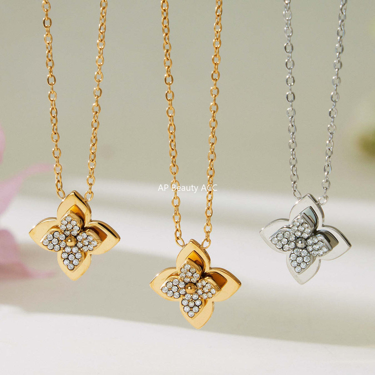 B廠-熱銷新品重十字夾珠鬱金香花朵鑲鋯石滿鑽鎖骨項鍊戒指套裝「TXP489」25.11-4